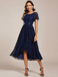 A-Line Short Sleeve Ruffled Empire-Waist Scoop Neck Lace Formal Dress