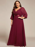 Long Sleeves A-Line Chiffon V-Neck Empire-Waist Formal Evening Dress