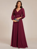 Long Sleeves A-Line Chiffon V-Neck Empire-Waist Formal Evening Dress