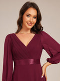 Long Sleeves A-Line Chiffon V-Neck Empire-Waist Formal Evening Dress