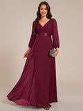Long Sleeves A-Line Chiffon V-Neck Empire-Waist Formal Evening Dress