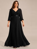 Long Sleeves A-Line Chiffon V-Neck Empire-Waist Formal Evening Dress