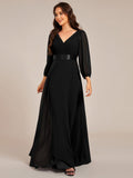 Long Sleeves A-Line Chiffon V-Neck Empire-Waist Formal Evening Dress