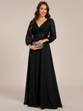Long Sleeves A-Line Chiffon V-Neck Empire-Waist Formal Evening Dress