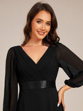 Long Sleeves A-Line Chiffon V-Neck Empire-Waist Formal Evening Dress