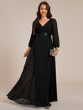 Long Sleeves A-Line Chiffon V-Neck Empire-Waist Formal Evening Dress