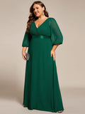 Long Sleeves A-Line Chiffon V-Neck Empire-Waist Formal Evening Dress