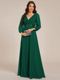 Long Sleeves A-Line Chiffon V-Neck Empire-Waist Formal Evening Dress