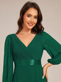 Long Sleeves A-Line Chiffon V-Neck Empire-Waist Formal Evening Dress