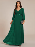 Long Sleeves A-Line Chiffon V-Neck Empire-Waist Formal Evening Dress