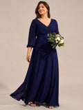 Plus Size A-Line Empire-Waist Chiffon Formal Evening Dress with Long Sleeves