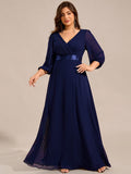 Long Sleeves A-Line Chiffon V-Neck Empire-Waist Formal Evening Dress