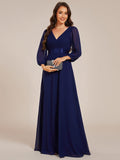 Long Sleeves A-Line Chiffon V-Neck Empire-Waist Formal Evening Dress