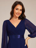 Long Sleeves A-Line Chiffon V-Neck Empire-Waist Formal Evening Dress