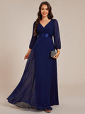 Long Sleeves A-Line Chiffon V-Neck Empire-Waist Formal Evening Dress