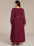 Plus Size A-Line V-Neck Empire-Waist Long Sleeve Chiffon Pleated Formal Dress