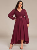 Plus Size A-Line V-Neck Empire-Waist Long Sleeve Chiffon Pleated Formal Dress