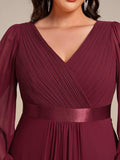 Plus Size A-Line V-Neck Empire-Waist Long Sleeve Chiffon Pleated Formal Dress