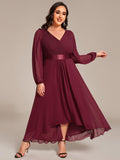 Plus Size A-Line V-Neck Empire-Waist Long Sleeve Chiffon Pleated Formal Dress