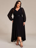 Plus Size A-Line V-Neck Empire-Waist Long Sleeve Chiffon Pleated Formal Dress