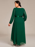 Plus Size A-Line V-Neck Empire-Waist Long Sleeve Chiffon Pleated Formal Dress