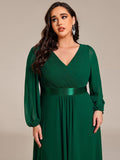 Plus Size A-Line V-Neck Empire-Waist Long Sleeve Chiffon Pleated Formal Dress