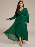 Plus Size A-Line V-Neck Empire-Waist Long Sleeve Chiffon Pleated Formal Dress