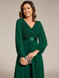 A-Line Empire-Waist Long Sleeve Chiffon Pleated Formal Dress