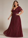 Plus Size A-Line V-Neck Short Sleeves Pleated Sparkly Formal Evening Dress