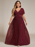 Plus Size A-Line V-Neck Short Sleeves Pleated Sparkly Formal Evening Dress