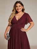 Plus Size A-Line V-Neck Short Sleeves Pleated Sparkly Formal Evening Dress