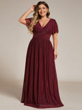 A-Line Glitter Empire-Waist Pleated Short Sleeves V-Neck Formal Evening Dress