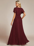 A-Line Glitter Empire-Waist Pleated Short Sleeves V-Neck Formal Evening Dress