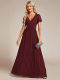 A-Line Glitter Empire-Waist Pleated Short Sleeves V-Neck Formal Evening Dress