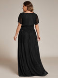 Plus Size A-Line V-Neck Short Sleeves Pleated Sparkly Formal Evening Dress