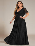 Plus Size A-Line V-Neck Short Sleeves Pleated Sparkly Formal Evening Dress