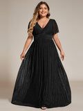 Plus Size A-Line V-Neck Short Sleeves Pleated Sparkly Formal Evening Dress