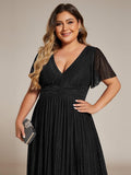 Plus Size A-Line V-Neck Short Sleeves Pleated Sparkly Formal Evening Dress