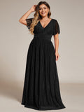 Plus Size A-Line V-Neck Short Sleeves Pleated Sparkly Formal Evening Dress