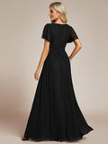 A-Line Glitter Empire-Waist Pleated Short Sleeves V-Neck Formal Evening Dress