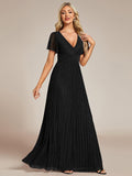 A-Line Glitter Empire-Waist Pleated Short Sleeves V-Neck Formal Evening Dress