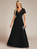 A-Line Glitter Empire-Waist Pleated Short Sleeves V-Neck Formal Evening Dress