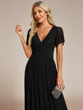 A-Line Glitter Empire-Waist Pleated Short Sleeves V-Neck Formal Evening Dress