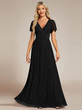 A-Line Glitter Empire-Waist Pleated Short Sleeves V-Neck Formal Evening Dress