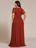 Plus Size A-Line V-Neck Short Sleeves Pleated Sparkly Formal Evening Dress