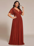 Plus Size A-Line V-Neck Short Sleeves Pleated Sparkly Formal Evening Dress