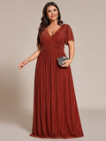 Plus Size A-Line V-Neck Short Sleeves Pleated Sparkly Formal Evening Dress