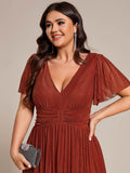 Plus Size A-Line V-Neck Short Sleeves Pleated Sparkly Formal Evening Dress