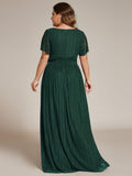 Plus Size A-Line V-Neck Short Sleeves Pleated Sparkly Formal Evening Dress
