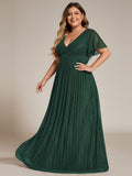 A-Line Glitter Empire-Waist Pleated Short Sleeves V-Neck Formal Evening Dress